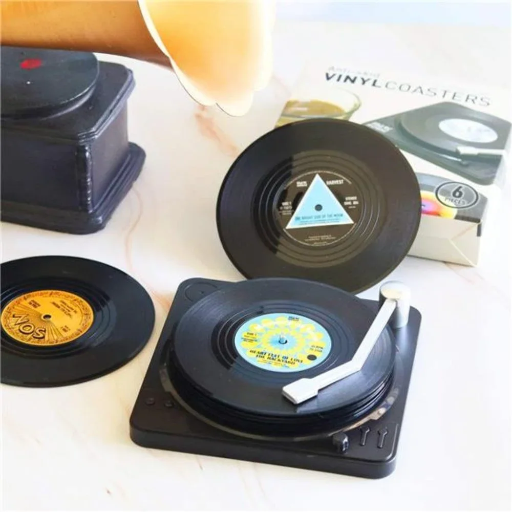 Retro Vinyl Record Coasters with Vinyl Record Player Holder - Set of 6 - Picture 4 of 4